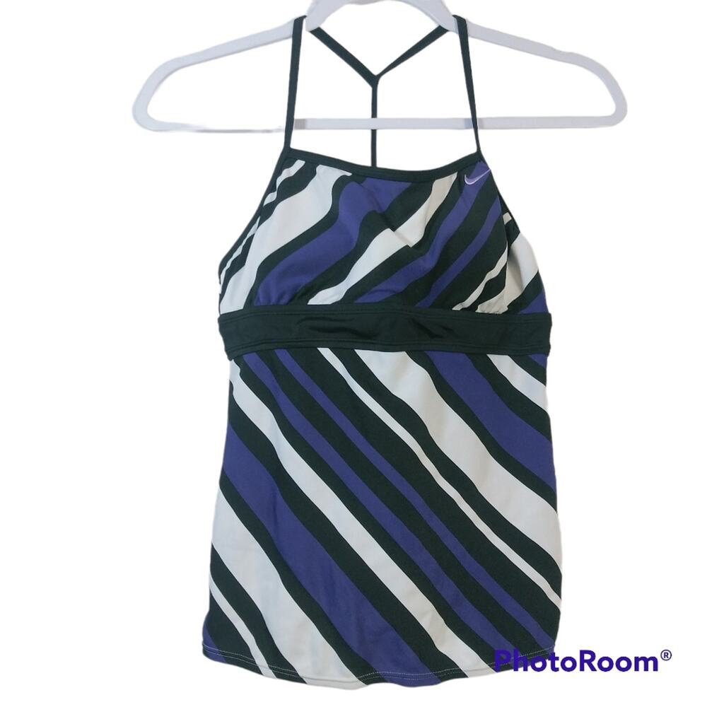 Nike Purple White & Black Striped Racer Back Swimsuit Top Size 6